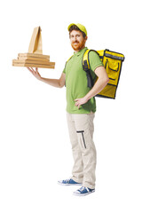 Confident food delivery man carrying fast food