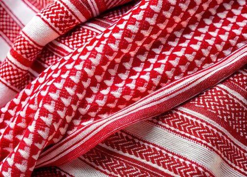 Vintage-inspired keffiyeh fabric blends bold red and white hues with intricate geometric motifs, evoking the