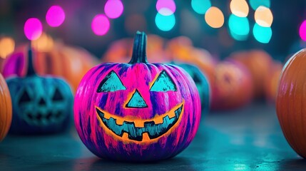 A group of painted pumpkins with colorful designs, glowing softly, close-up, Halloween party, cheerful, neon lights, vibrant atmosphere, closes up
