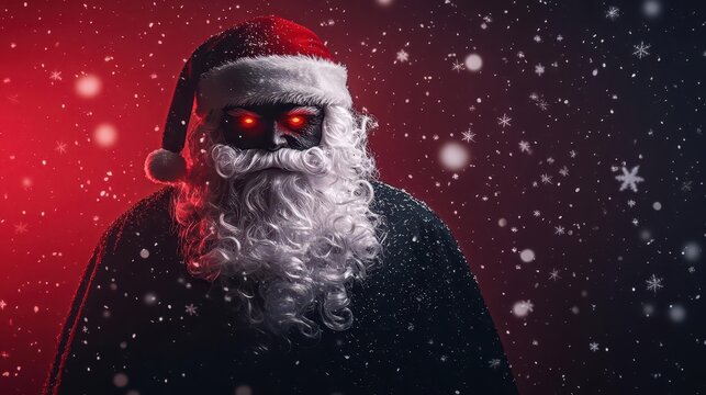 Low-angle view of a sinister Santa Claus, cloaked in black with glowing red eyes, surrounded by dark snowflakes and dim mist, photorealistic, intense contrast, night-time setting