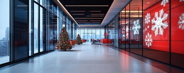 Distant view of an ultra-modern Christmas-themed office