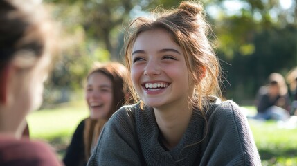 Naklejka premium A candid photo capturing a youthful beauty in a moment of laughter, surrounded by her friends at a park picnic