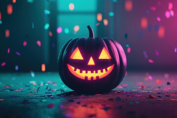 A smiling pumpkin glowing in the dark, confetti falling around, close-up, Halloween celebration, playful, neon accents