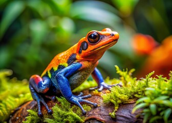 Obraz premium With deliberate grace, this vibrant amphibian pauses mid-stride, its radiant coloration mirrored against the lush