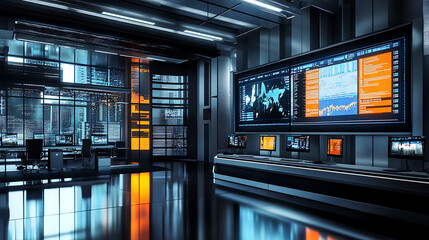 Obraz premium Glamorous background with a sleek news studio featuring monitors displaying crime statistics and updates