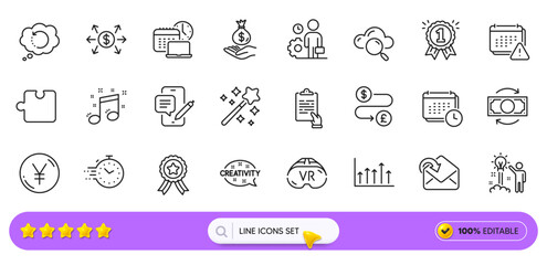 Income money, Employee and Yen money line icons for web app. Pack of Notification, Cloud computing, Reward pictogram icons. Calendar, Magic wand, Musical note signs. Dollar exchange. Vector
