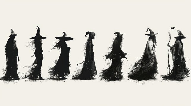 Design black silhouette illustrations of spooky Halloween The Black Monk of Pontefract in various activities ,with bold lines and simple design, placed on a white background 