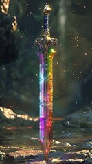 A colorful, ornate sword with a crystal blade, set against a mystical background.