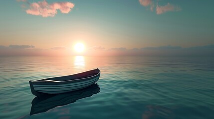 Beneath a full the sun a lonely lifeboat swims on a serene ocean