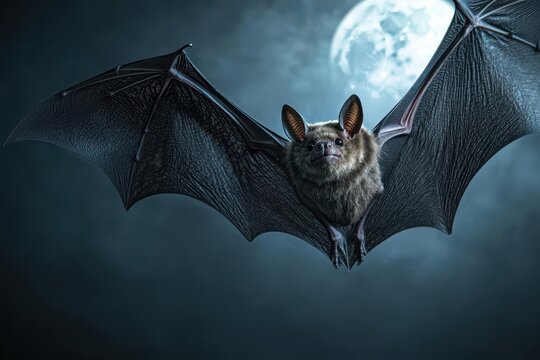 Close-up of a bat in mid-flight, wings illuminated by the moon, dark sky, Halloween night, soft shadows, spooky mood, closes up