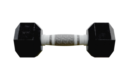 A single black and white dumbbell with hexagonal weights and a textured grip, isolated on a png transparent background. A gym equipment for strength training. Horizontal frontal view. Fitness concept.
