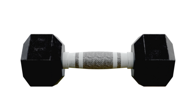 A single black and white dumbbell with hexagonal weights and a textured grip, isolated on a png transparent background. A gym equipment for strength training. Horizontal frontal view. Fitness concept.