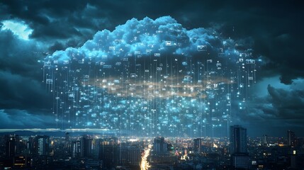 Fototapeta premium A digital storm in the sky, with glowing clouds made of notifications and emails raining down onto the city below.