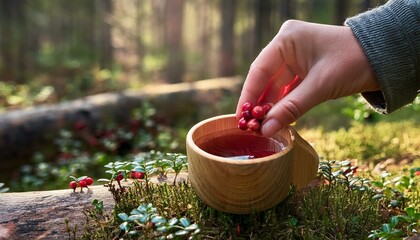human-hand-puts-fresh-lingonberries-in-a-wooden-mug-of-tea-in-forest.