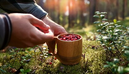 human-hand-puts-fresh-lingonberries-in-a-wooden-mug-of-tea-in-forest.
