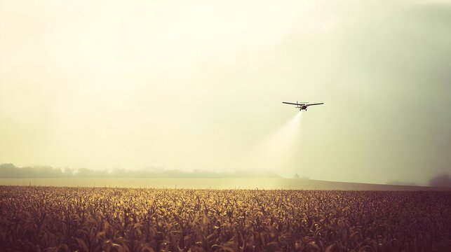 Drone spraying crops in a vast golden field under a hazy sky.