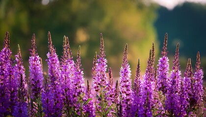 Purple loosestrife flowers belonging to the Lythrum salicaria species in the Lythraceae family are positioned horizontally in the image with copy space