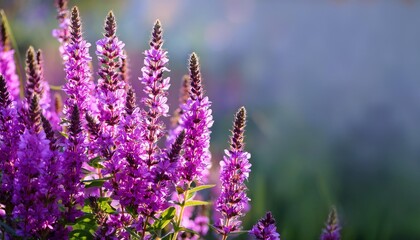 Purple loosestrife flowers belonging to the Lythrum salicaria species in the Lythraceae family are positioned horizontally in the image