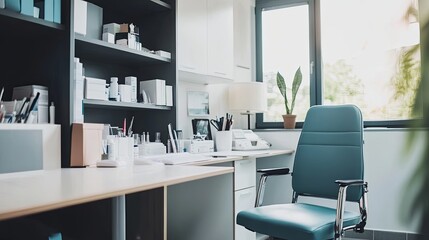 Serene Doctor's Office Interior with a Clean Desk, Empty Chair, and Organized Medical Equipment Reflecting a Calm Healthcare Atmosphere. Medical Consultation Room Ambiance.