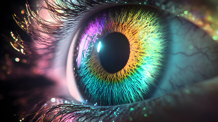 Human multicolored iris of the eye animation concept. Rainbow lines after a flash scatter out of a bright white circle and forming volumetric a human eye iris and pupil. 3d rendering background in 4K