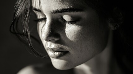 Fototapeta premium A female beauty in an artistic, monochrome portrait, her face softly lit, capturing an expression of serene introspection