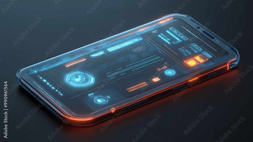 Poster a futuristic smartphone with a glowing screen displaying various icons and data.