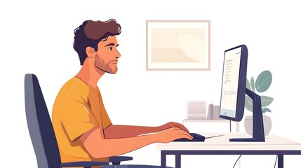 Focused Young Professional Working at Office Desk with Computer