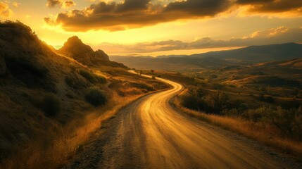 A winding dirt road curves through hills at sunset, showcasing golden light and a tranquil landscape in the countryside