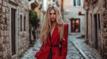 Fototapeta premium A glamour Croatian model in a high-fashion outfit, posing on a cobblestone street in a historic Croatian town