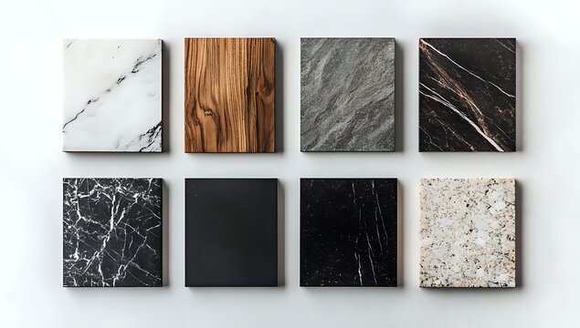 A collection of square tiles with different textures, including marble, wood, and granite, arranged in a grid pattern on a white background.