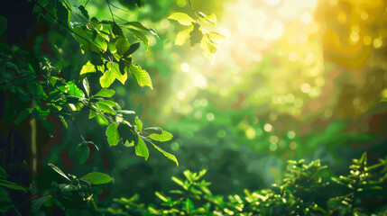 Lush green leaves of trees in a forest with sunlight shining through the branches