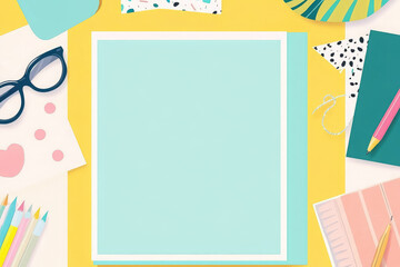 clean empty background for text, stylish office supplies on table, pen, pencil, paper, turquoise, copy space, blank, mockup, layout, write, letter, school, office, drawing, backdrop, design, plant