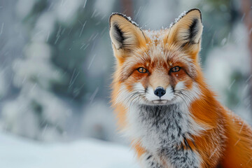 Fototapeta premium Red Fox - Vulpes vulpes, close-up portrait with bokeh of pine trees in the background. Making eye contact.