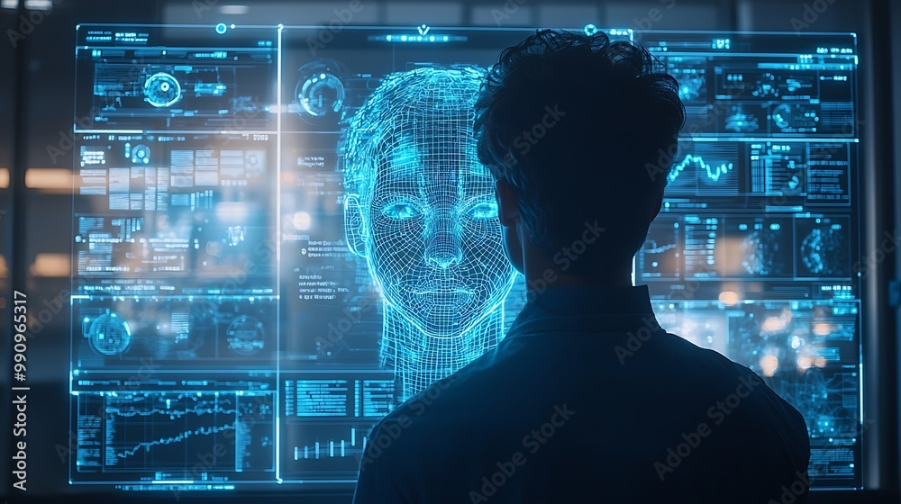 Wall mural a digital face scan flickers with cybersecurity data, a barrier of protection in a tech-driven world