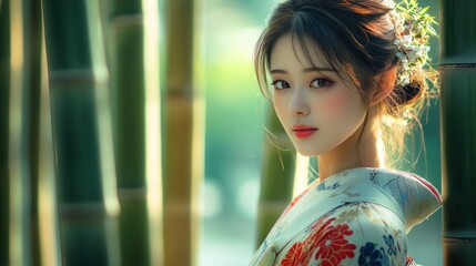 Naklejka premium A Japanese beauty in a traditional yukata, standing elegantly beside a bamboo grove, with soft lighting enhancing her features