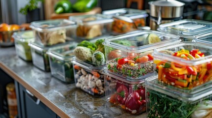 Obraz premium Food In Container. Fresh Vegetable Products in Refrigerator Storage Glass Boxes and Cans