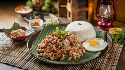 A plate of stir-fried chicken with basil and a fried egg served with rice.