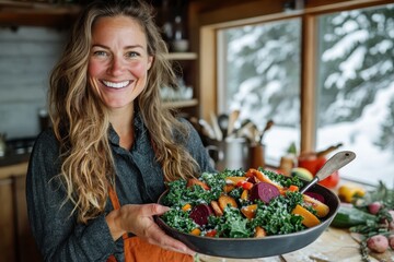 A cheerful chef in a cozy kitchen holds a nutritious winter salad, exemplifying vibrant health and the life's pleasures with seasonal, fresh ingredients in wintertime.