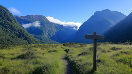 
A breathtaking mountainous landscape. A wooden signpost stands prominently in the foreground, with a narrow trail leading through lush green grass.