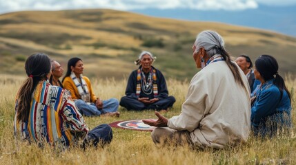 A Native American elder teaching traditional meditation techniques to a small group, sitting in a circle on a grassy hill