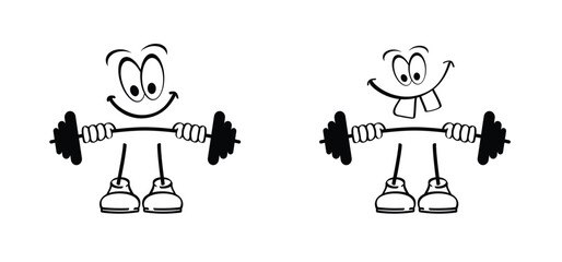 Cartoon mascot with barbell weight or strength symbol. Comic hands lifted barbell weight. Weightlifting training concept. Weightlifter lifts big or heavy weight barbell. weightlifting sticks or stick.