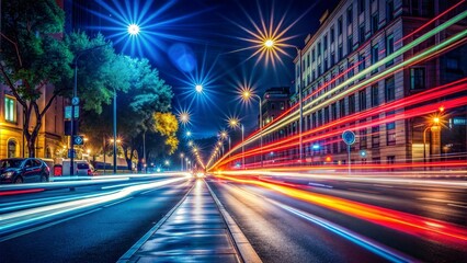 Obraz premium Urban street at night with colorful light trails, city lights and traffic motion