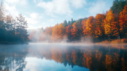A peaceful lake reflecting the colours of autumn trees, with a light mist rising from the water