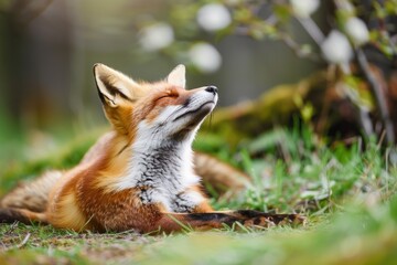 Obraz premium Funny Wild Animals. Red Fox Stretching with Cute and Funny Behavior in Close-up
