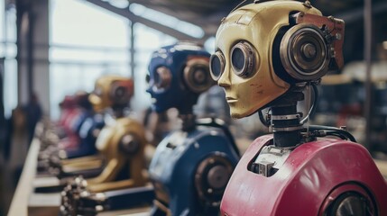 Fototapeta premium Row of Vintage Robots Showcasing the Evolution of Automation from Early Machines to AI