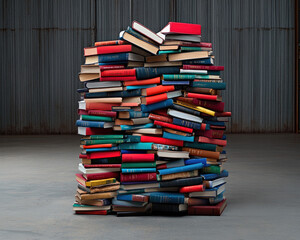 A towering stack of colorful books on a concrete floor, isolated for clear focus.