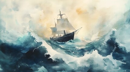 Captaining the Waves:Abstract Watercolor of a Ship Navigating Success