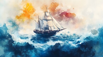 Fototapeta premium Abstract Watercolor Painting of Ship Navigating Waves,Symbolizing Leadership and Successful Journey