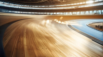 Top view of a cycling velodrome with an empty track, curving smoothly around the arena