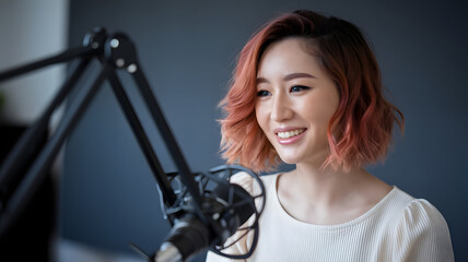 Naklejka premium A beautiful young woman with headphones on, smiling and sitting in front of the mic for podcasting at home